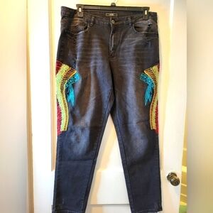 L&B Lucky & Blessed size 18 Tribal Embroidered black jeans